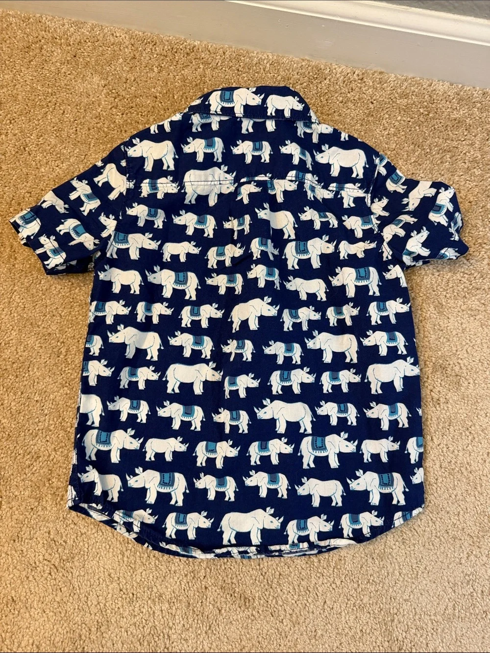Baby GAP Navy Woven Cotton Button-Down Shirt with White Rhino Print Size 3